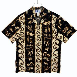 VTG RJC Hawaiian Shirt Mens M Tribal Print Black Cream Short Sleeve Aloha